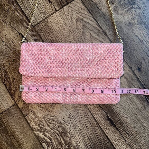 Bamboo Woven Pink Rectangle Fold Over Crossbody Bag - Picture 4 of 13